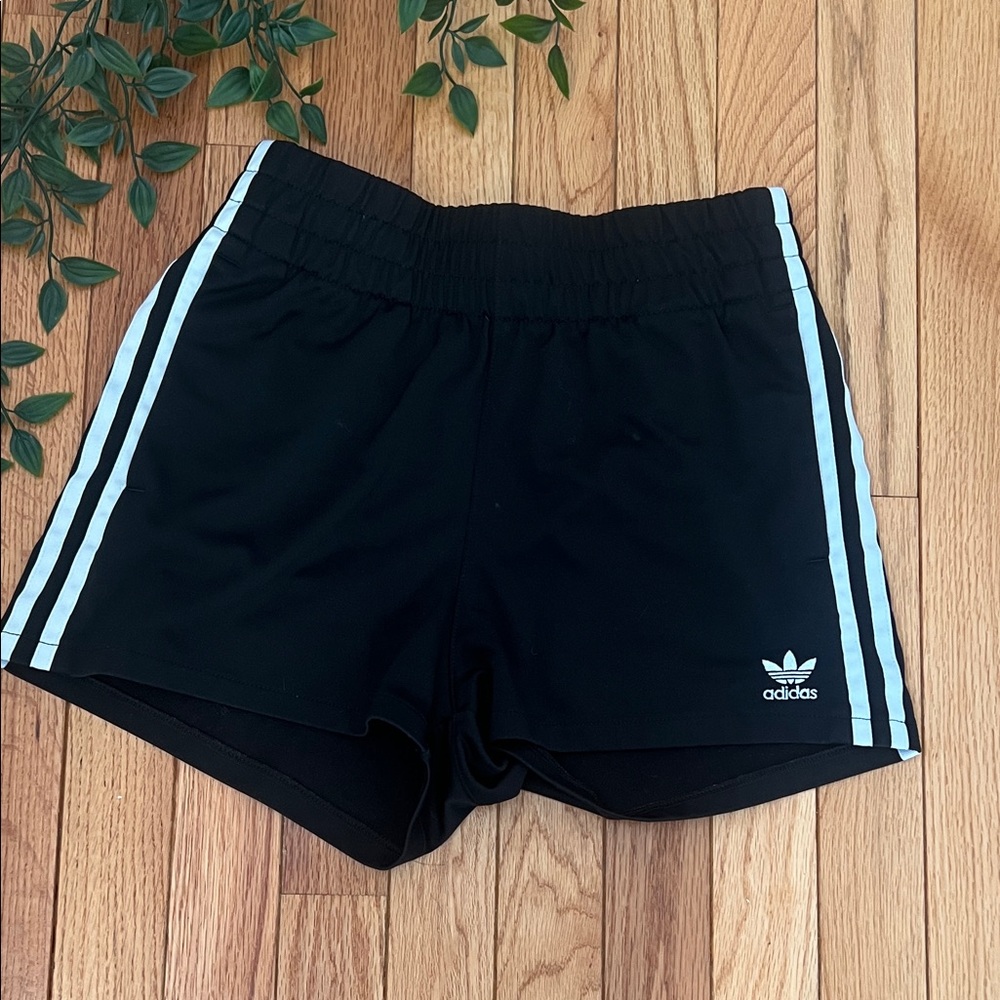 Adidas Women's Black Shorts with Light Blue Stripes